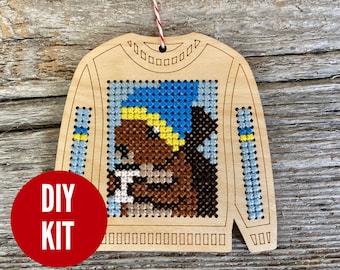 Tree ornament cross stitch on wood featuring squirrel drinking coffee on ugly Christmas sweater FREE SHIPPING