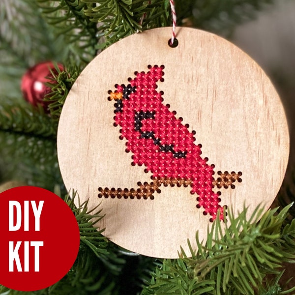Cardinal ornament - easy DIY cross stitch kit - laser cut wood cross stitch project for beginners - by Canadian Stitchery