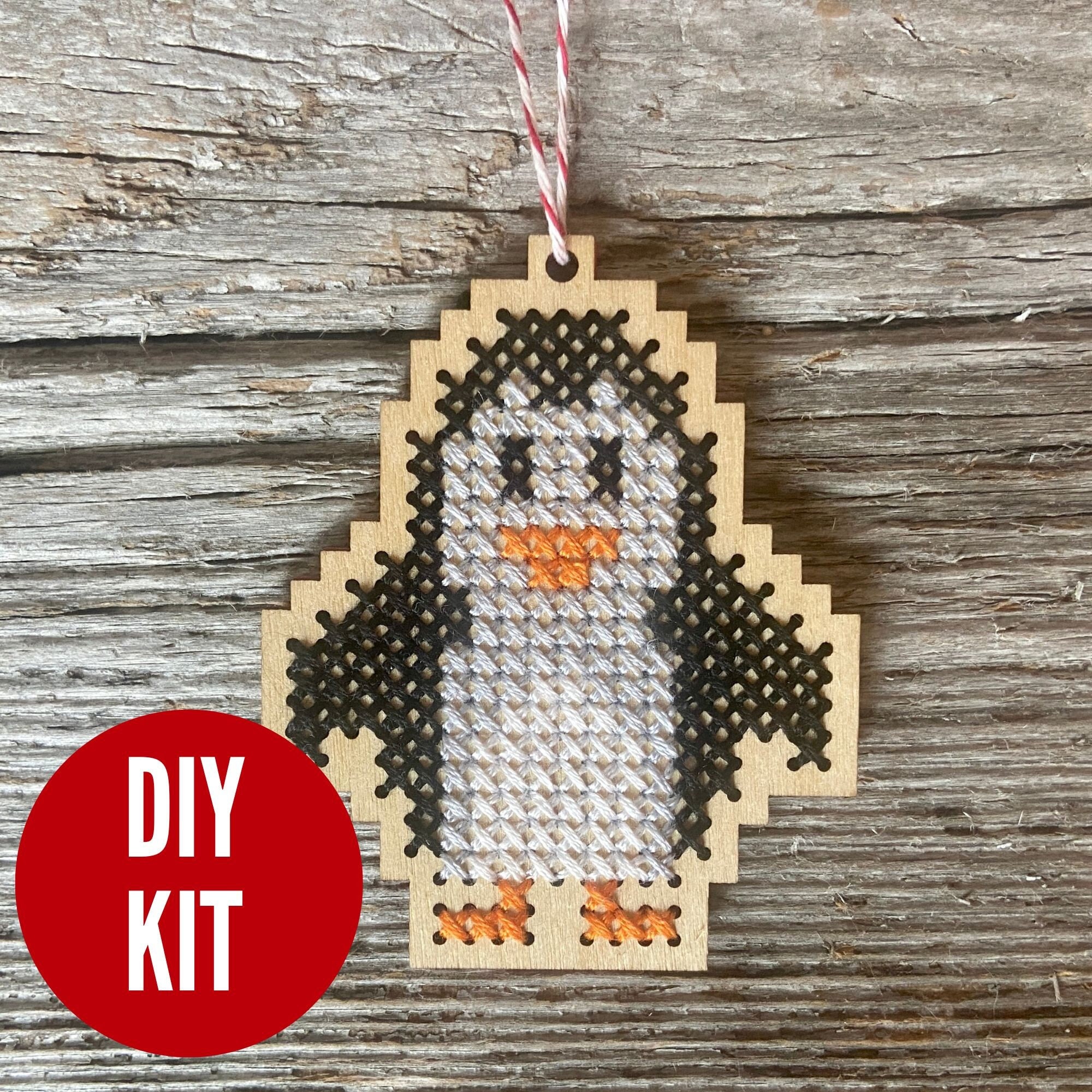 Baby penguin learn to cross stitch wood DIY ornament kit - easy beginners' project!