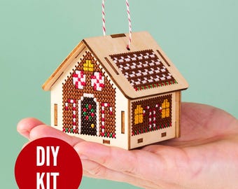 PREORDER 3D Gingerbread House Cross Stitch Kit – Laser Cut Wood Ornament, Beginner DIY Project