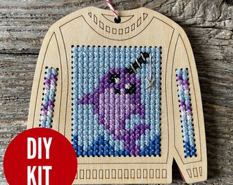 Ugly sweater with narwhal whale Christmas holiday ornament - easy beginners DIY wood cross stitch kit