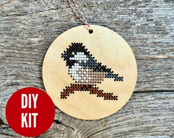 Chickadee ornament - easy DIY cross stitch kit - laser cut wood cross stitch project for beginners - by Canadian Stitchery