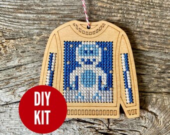 Ugly sweater with yeti Christmas holiday ornament kit - beginners cross stitch kit - easy DIY cross stitch kit