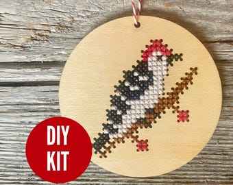 Woodpecker ornament - easy DIY cross stitch kit - laser cut wood cross stitch project for beginners - by Canadian Stitchery