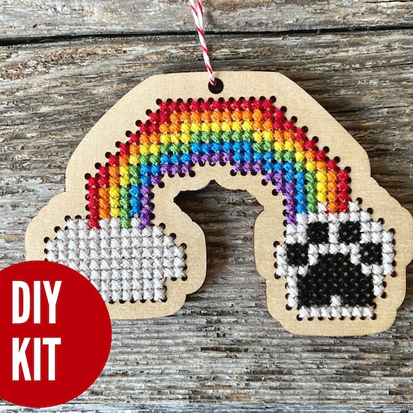Paw print rainbow Christmas holiday ornament wood cross stitch kit - easy beginners project for cat or dog memorial