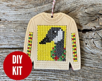 Ugly sweater with Canada goose holiday ornament kit - beginners cross stitch kit - easy DIY cross stitch kit