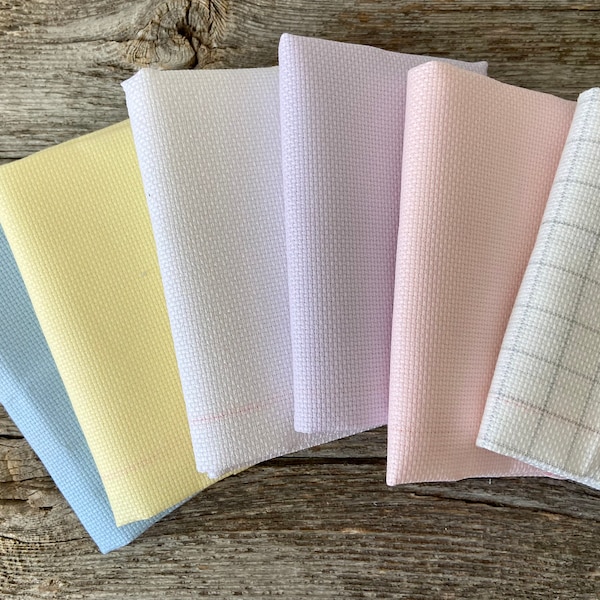 14 ct Zweigart Aida cross stitch fabric 19 inches by 21 inches (48 cm x  53 cm) in pink, yellow, purple, blue, grey & easygrid!