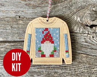 Ugly sweater with Christmas gnome holiday ornament kit - beginners cross stitch kit - easy DIY cross stitch kit