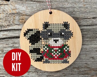 Raccoon sweater ugly Christmas sweater ornament - easy DIY cross stitch kit - laser cut wood cross stitch project - by Canadian Stitchery
