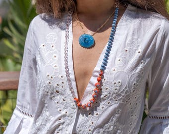 Murano Glass Necklace, Multi Gemstone Hand Knotted Necklace, Long Gemstone Necklace, Beaded Gemstone Necklace, Layering Colorful Necklace