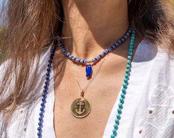 Collar con dije de pez, collar con dije de esmalte, collar de turquesa, collar de lapislázuli, collar colorido de verano, joyería de playa, joyería de vacaciones