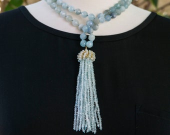 Aquamarine Necklace - Aquamarine Tassel Necklace - Wire Crochet Jewelry - Gemstone Necklace - One-of-a-kind Necklace - Bohemian Jewelry