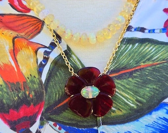 Carved Flower Necklace, Garnet Flower Pendant, Flower Necklace, One-of-a-kind Gift, Carved Pendant, Carved Flower Gemstone Necklace