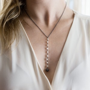 White Freshwater Pearl Necklace - Pave Diamond Ball Necklace - Pave Diamonds - Minimalist Jewelry - Lariat Necklace - Layering - Gift Idea