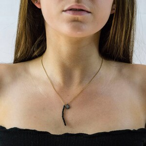Pave Diamonds Disc Necklace - Pave Diamonds Small Disc Pendant - Black Spinel Bar Necklace - Minimalist Jewelry - Everyday Necklace