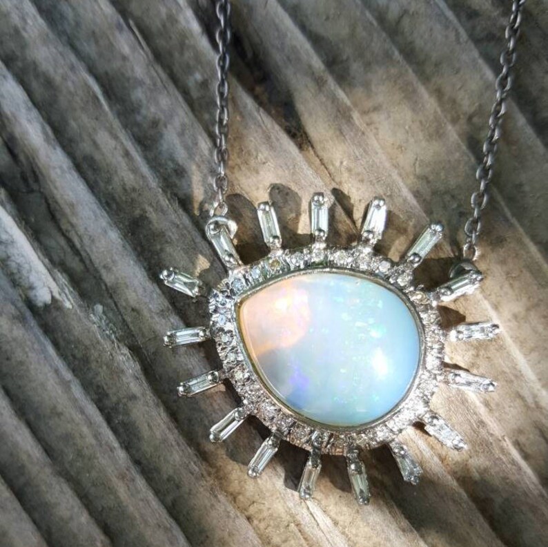 Genuine Ethiopian Opal and Lab Diamond Silver Teardrop Halo Necklace main image 0