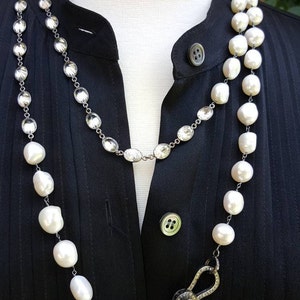 Cubic Zirconia And Pearl Necklace - White Pearl Necklace - Pave Diamond Clasp - Pave Diamonds - Rose Cut Diamonds - Multistrand Necklace