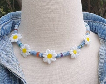Murano Glass Necklace, Layering Gemstone Necklace, Charm Necklace, Daisy Necklace, Blue Opal Necklace, Colorful Summer Necklace, Daisy Charm