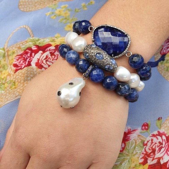 Pearl and Sapphire Bracelet Baroque Pearl and Blue Sapphire