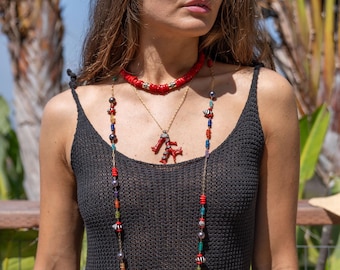 Pearl and Coral Necklace, Layering Pearl Necklace, Red Coral Necklace, Summer Necklace, Beach Jewelry, Colorful Gemstone Layering Necklace