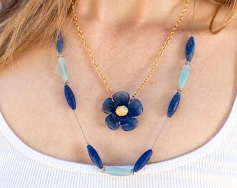 Carved Flower Necklace,Iolite Flower Pendant, Flower Necklace, One-of-a-kind Gift, Carved Pendant, Carved Flower Gemstone Necklace