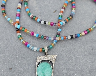 Emerald Necklace, Emerald Diamond Necklace, Pave Diamond Horn Necklace, Multi Gemstone Necklace, Long Gemstone Necklace, Colorful Necklace