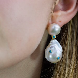 White Pearl and Turquoise Earrings, White Pearl Earrings, Pearl and Turquoise Earrings, Turquoise Earrings, Summer Jewelry, Bridal Jewelry
