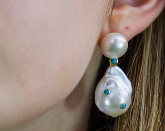 White Pearl and Turquoise Earrings, White Pearl Earrings, Pearl and Turquoise Earrings, Turquoise Earrings, Summer Jewelry, Bridal Jewelry