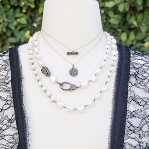 White Pearls and Silverite Necklace - Silverite Necklace - Pearls and Diamonds - Pave Diamond Clasp - Gemstone Necklace - Pave Diamonds