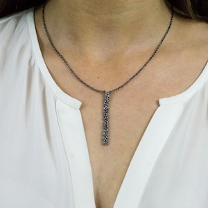 Silver Diamond Baguette Vertical Bar Necklace - Oxidized Silver - Minimalist Jewelry - Diamond Bar Pendant - Everyday Jewelry - Layering