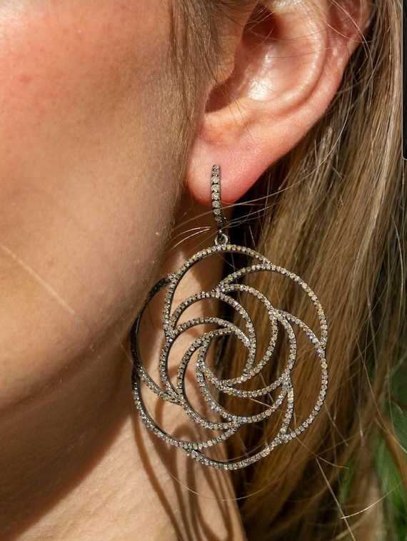 Flower Diamond Earrings, Bridal Earrings, Bridal Jewelry, Long Diamond Earrings, Statement Earrings, Designer Jewelry, Big Diamond Earrings