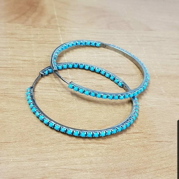 Turquoise Hoop Earrings, Turquoise Earrings, Large Turquoise Earrings, Big Silver Hoops, Long Earrings, Statement Earrings, Turquoise Hoops