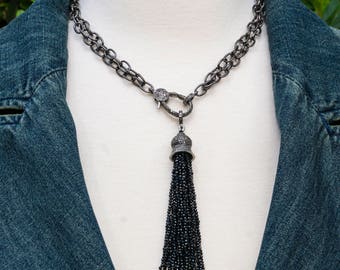 Black Spinel Tassel Necklace - Tassel Necklace - Pave Diamonds Pendant - Pave Diamonds Clasp - Diamond Tassel Necklace - Gemstone Necklace