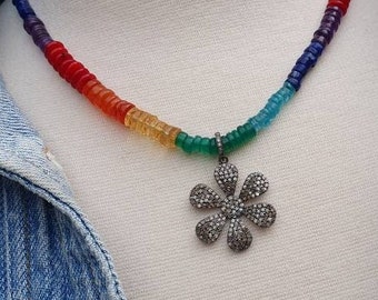 Diamond Flower Pendant, Diamond Flower Necklace, Rainbow Gemstone Necklace, Multi Gemstone Necklace, Statement Necklace, Flower Necklace