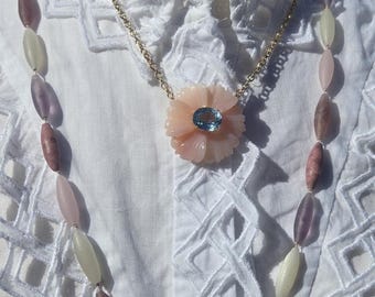 Carved Pink Opal and Blue Topaz Flower Pendant, Flower Necklace, Pink Opal Flower Necklace, Carved Flower Necklace, Carved Gemstone Pendant