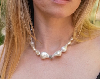 Baroque Pearl Necklace, White Pearl Necklace, Pearl and Diamonds Necklace, Bridal Jewelry, Pearl Choker, Gift for Her, Mother's Day Gift