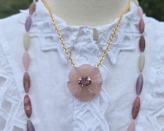 Carved Chalcedony Flower, Lavender Chalcedony and Amethyst Flower, Flower Necklace, Carved Flower Pendant Necklace, Carved Gemstone Pendant