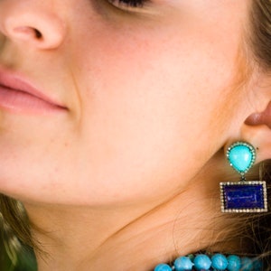 Lapis and Turquoise Earrings, Lapis and Diamonds Earrings, Turquoise Earrings, Lapis Earrings, One-of-a-kind Earrings, Gemstone Earrings