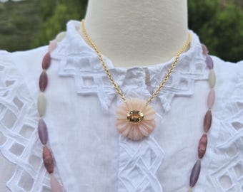 Pink Opal Flower Pendant, Pink Opal and Morganite Necklace, Flower Necklace, Carved Flower Pendant Necklace, Carved Gemstone Pendant