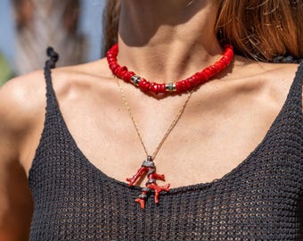 Collar de coral italiano, collar de coral rojo, collar de coral rojo y diamantes, joyería de playa, joyería de resort, joyería de vacaciones, gargantilla de coral
