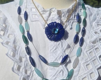 Lapis Flower Pendant, Flower Necklace, Lapis Flower Necklace, Carved Flower Necklace, One-of-a-kind, Unique Gift, Carved Gemstone Pendant