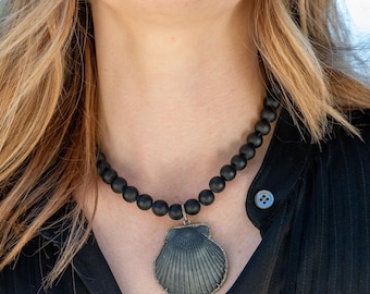 Shell and Diamonds Necklace, Black Shell and Diamonds Pendant, Beach Jewelry