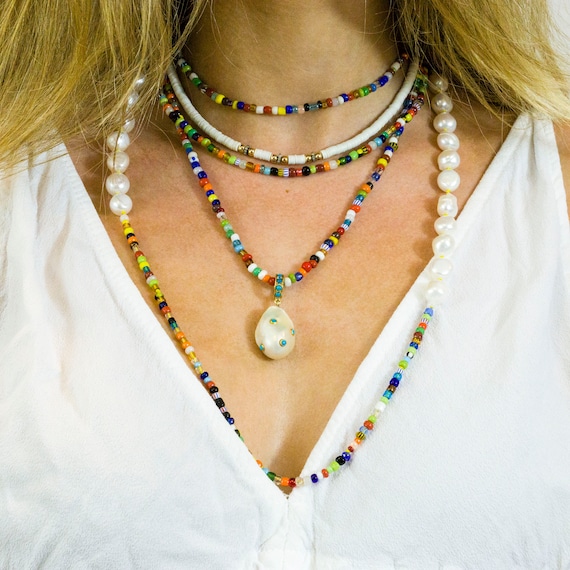 African Glass Beads and Pearls Necklace, Pearl Necklace, Layering