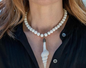 Shell and Diamonds Necklace, White Shell and Diamonds Pendant, Spindle Shell Pendant, Beach Jewelry, Statement Necklace, One-of-a-kind