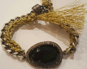 Black Spinel Pave Diamond Bracelet - Pave Diamond Bracelet - Black Spinel Bracelet - Braided Silk  Bracelet- Silk Tassel - Boho Bracelet