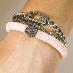 African Vinyl and Diamonds Bracelet - Baby Pink Vinyl Bracelet - Pave Diamonds Bracelet - Tribal Jewelry - Stackable Bracelet - Tribal Beads