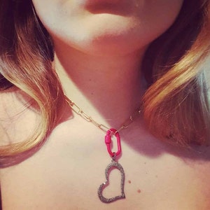 Diamond Heart Pendant, Heart Pendant, Chunky Gold Chain, Gold Choker, Diamond Heart Necklace, Enamel Lock, Valentines Day Gift, Bold Jewelry