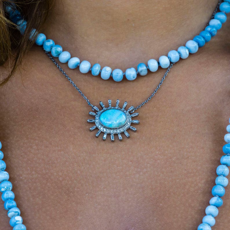 Layering Baby Blue Long Necklace Blue Opal Necklace Boho Opal Necklace Pave Diamonds Gemstone Necklace Handknotted Necklace