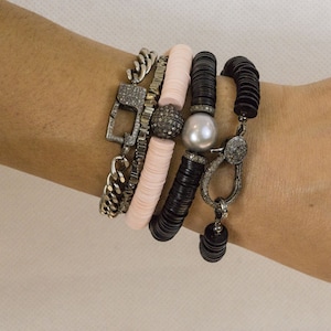 Pave Diamond Bracelet - Pave Diamonds - Curb Chain - Pave Diamond Clasp - Hematite Diamond Bracelet - Silver Bracelet - Stackable Bracelet