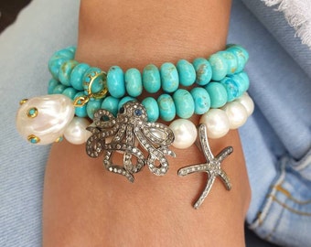 Diamond Octopus Bracelet, Diamond Octopus Charm, Pearl Bracelet, Starfish Charm, Turquoise Bracelet, Bracelet Stack, Diamond Charm Bracelet